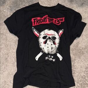 Black Graphic T-Shirt with Red and White Design